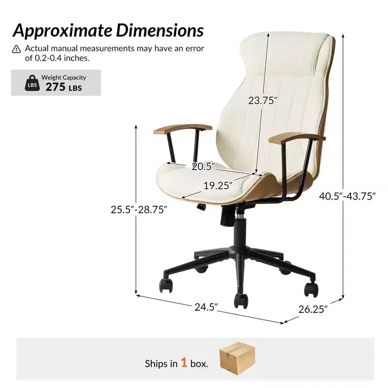 Fauteuil de bureau pivotant haut de dossier incurvé en bois courbé Mid-Century Modern