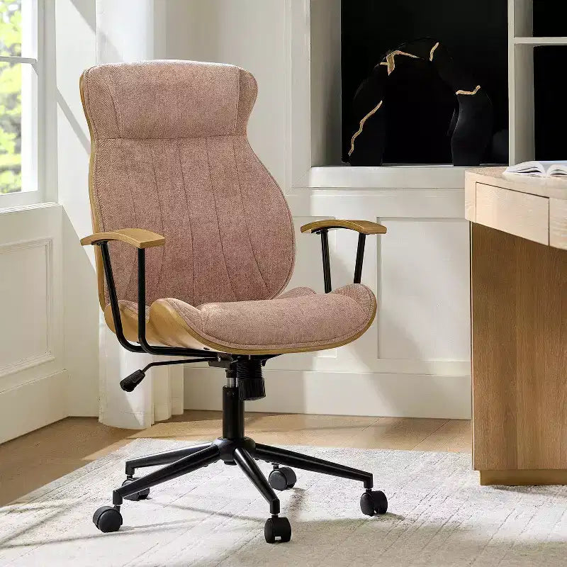 Fauteuil de bureau pivotant haut de dossier incurvé en bois courbé Mid-Century Modern