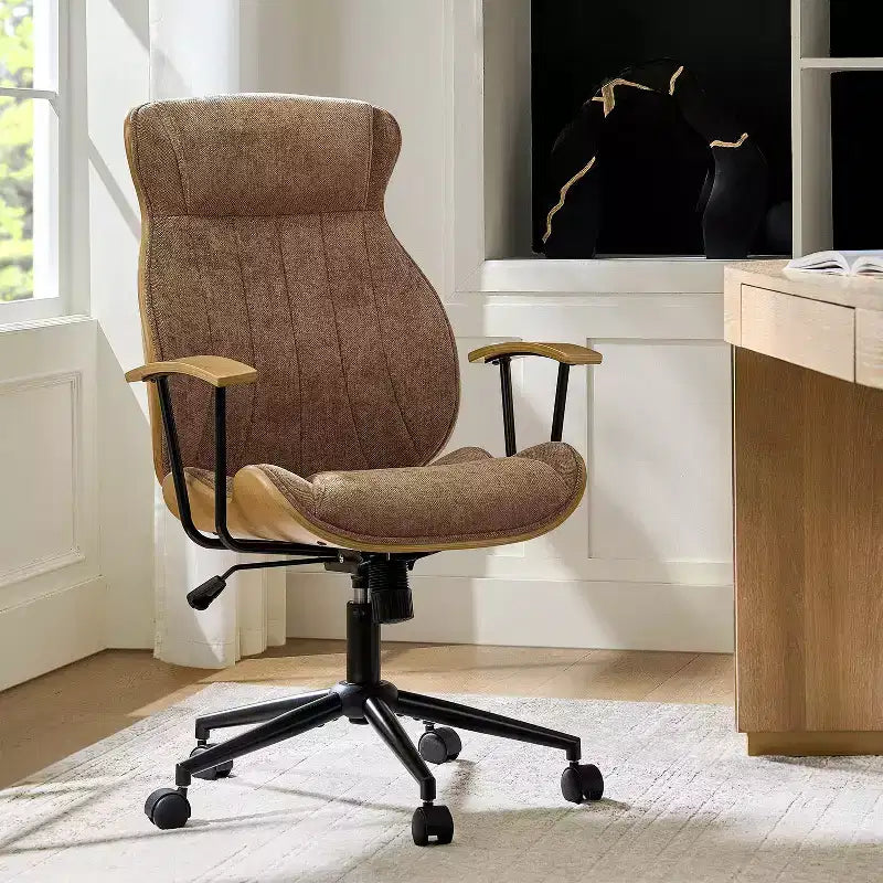 Fauteuil de bureau pivotant haut de dossier incurvé en bois courbé Mid-Century Modern