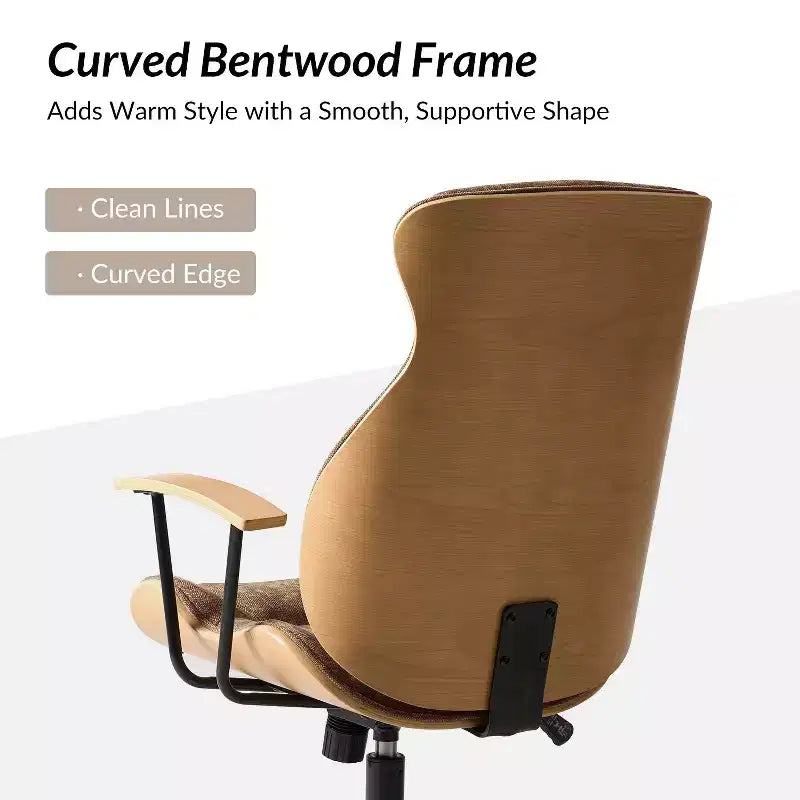 Fauteuil de bureau pivotant haut de dossier incurvé en bois courbé Mid-Century Modern