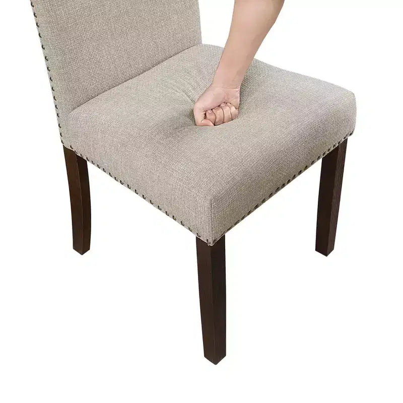 Chaises de salle à manger classiques modernes en bois rembourrées avec dossier en tissu texturé et garniture cloutée (lot de 2)