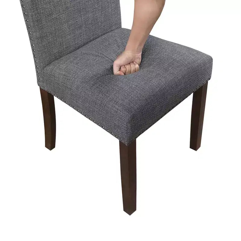 Chaises de salle à manger classiques modernes en bois rembourrées avec dossier en tissu texturé et garniture cloutée (lot de 2)