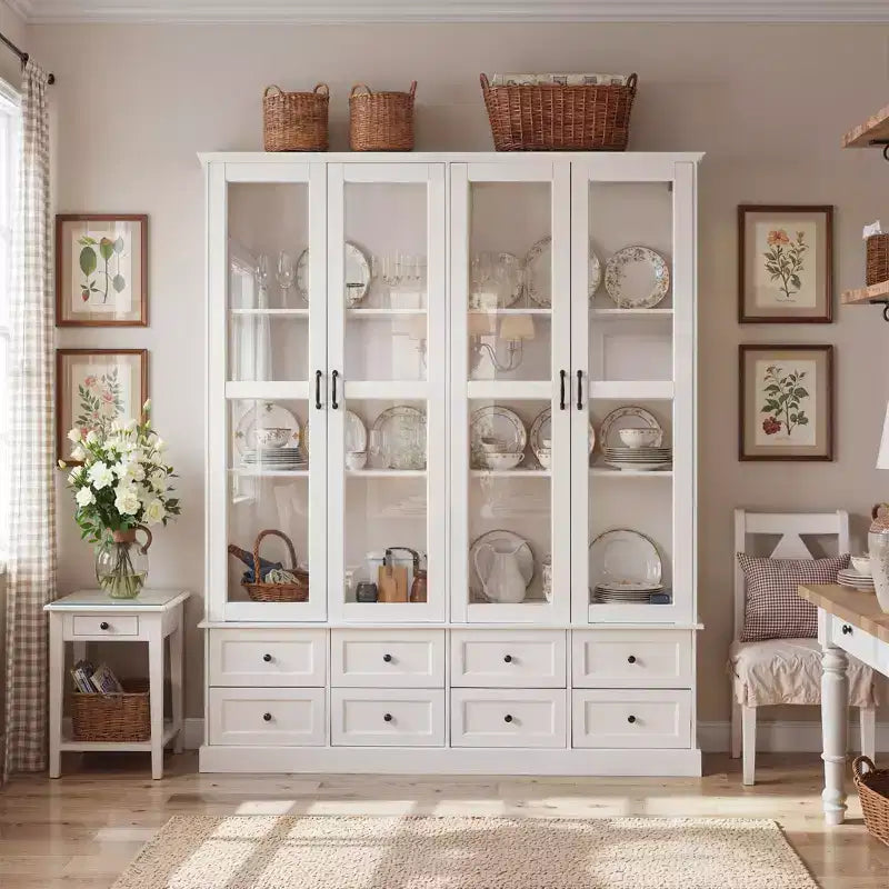 Hitow White Kitchen Storage Cabinet Display Cabinet: 63'' Wide Glass Door Display + RGB LED Lighting + Drawer Organizer Spacious Buffet for Home