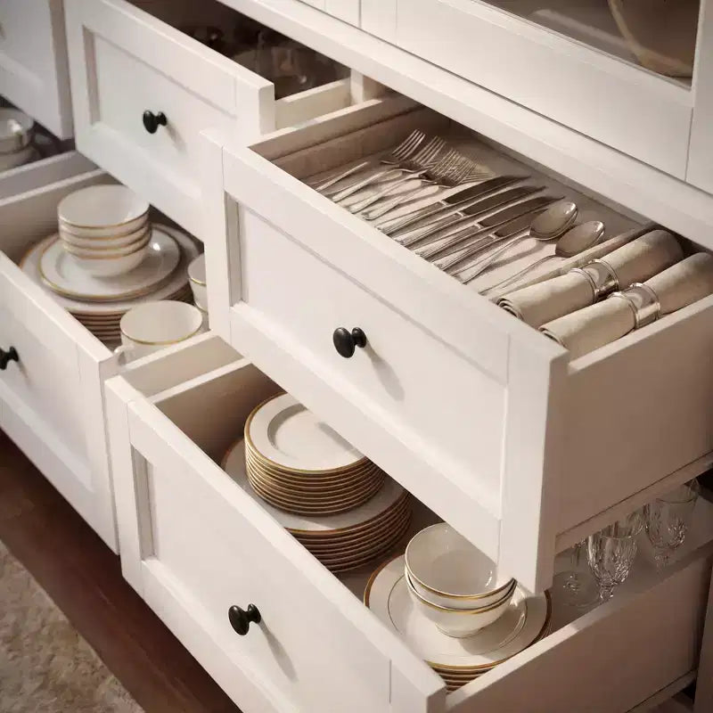 Meuble de rangement de cuisine blanc, vitrine : 160 cm de large, portes vitrées, éclairage LED + organisateur de tiroirs, buffet spacieux pour la maison