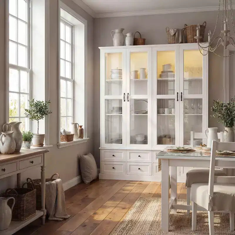 Meuble de rangement de cuisine blanc, vitrine : 160 cm de large, portes vitrées, éclairage LED + organisateur de tiroirs, buffet spacieux pour la maison