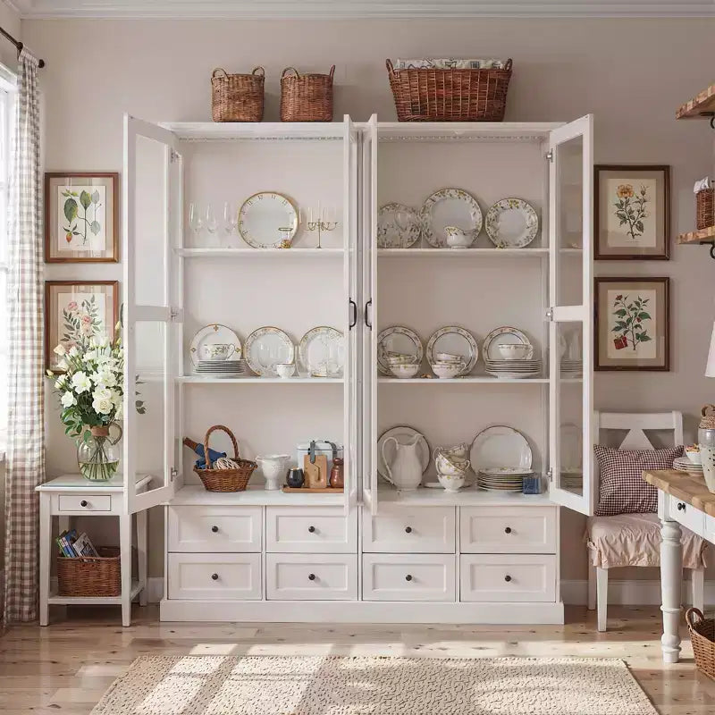 Meuble de rangement de cuisine blanc, vitrine : 160 cm de large, portes vitrées, éclairage LED + organisateur de tiroirs, buffet spacieux pour la maison