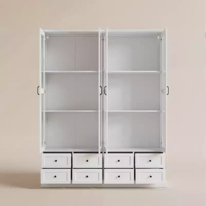 Meuble de rangement de cuisine blanc, vitrine : 160 cm de large, portes vitrées, éclairage LED + organisateur de tiroirs, buffet spacieux pour la maison