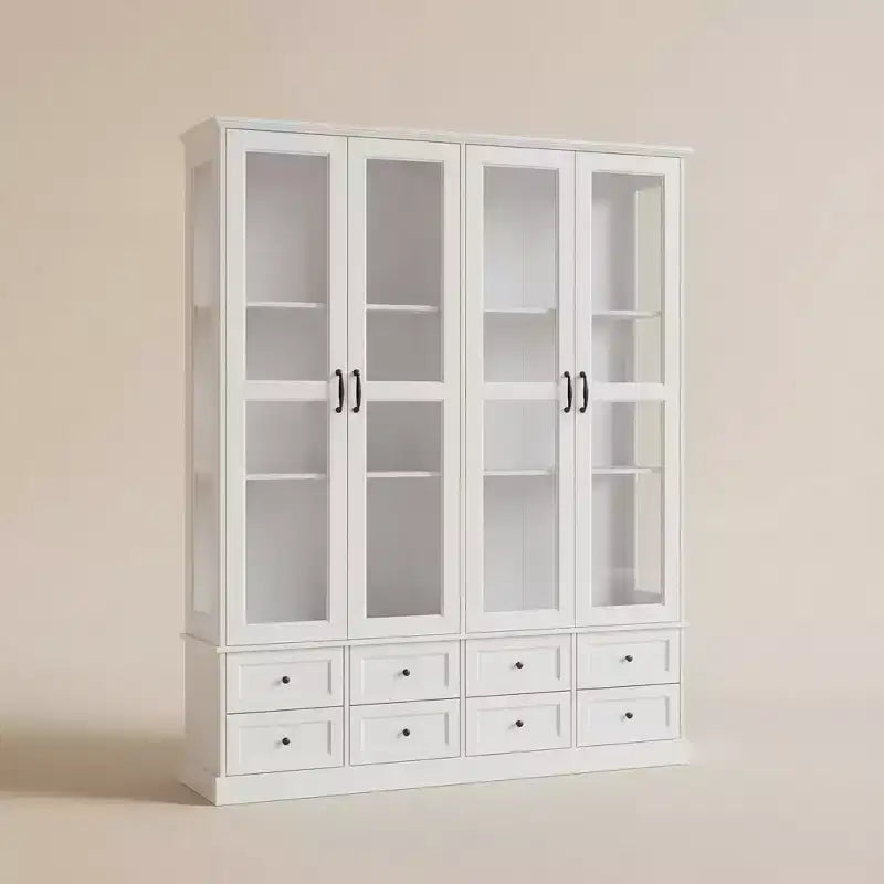 Meuble de rangement de cuisine blanc, vitrine : 160 cm de large, portes vitrées, éclairage LED + organisateur de tiroirs, buffet spacieux pour la maison