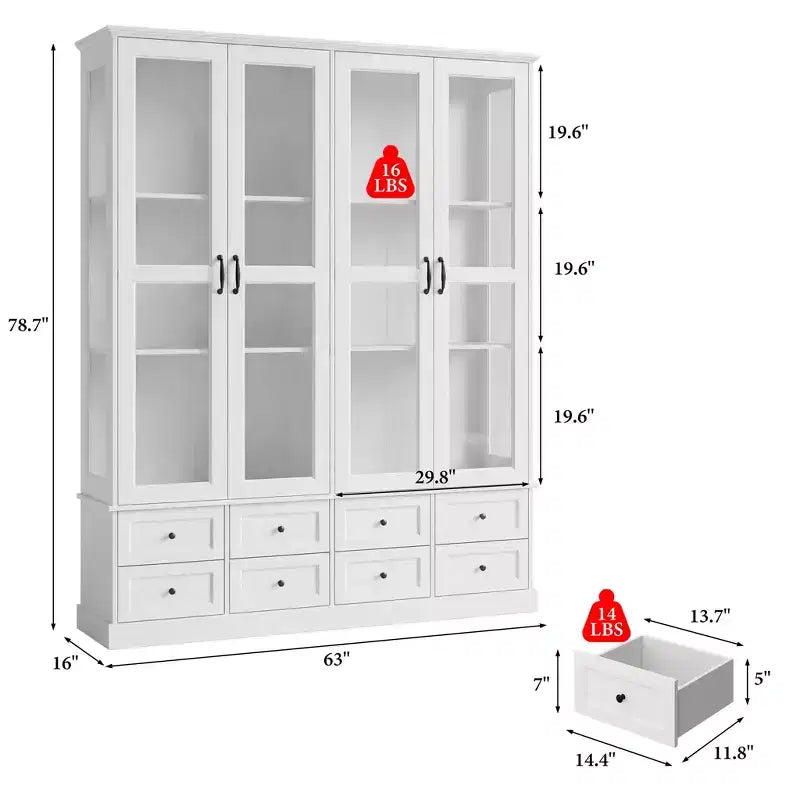 Meuble de rangement de cuisine blanc, vitrine : 160 cm de large, portes vitrées, éclairage LED + organisateur de tiroirs, buffet spacieux pour la maison
