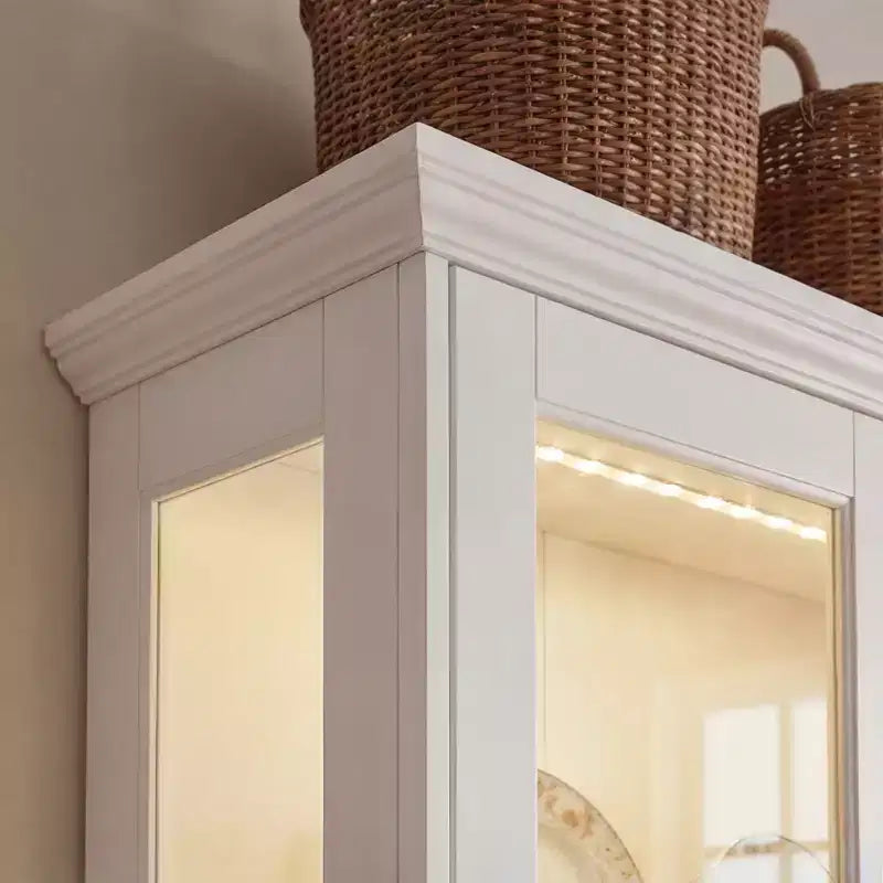 Meuble de rangement de cuisine blanc, vitrine : 160 cm de large, portes vitrées, éclairage LED + organisateur de tiroirs, buffet spacieux pour la maison