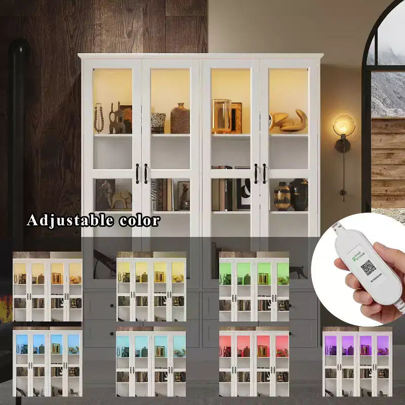 Meuble de rangement de cuisine blanc, vitrine : 160 cm de large, portes vitrées, éclairage LED + organisateur de tiroirs, buffet spacieux pour la maison