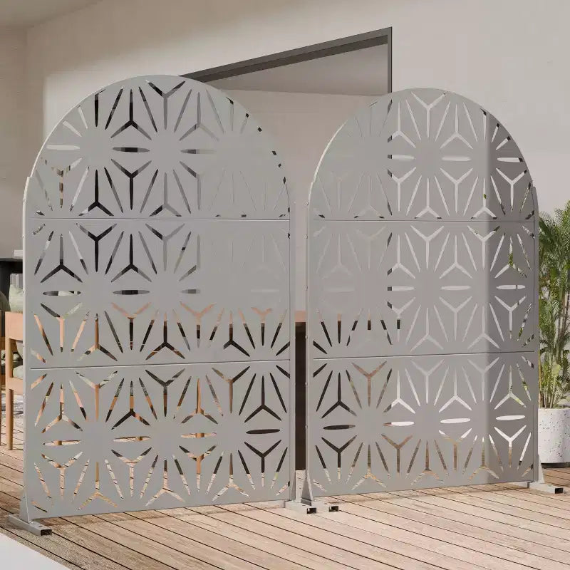 Dovelina 72H x 47W Arched Outdoor Metal Privacy Screen Freestanding Fence Panels in Light Gray/Brown for Garden Patio Deck Yard