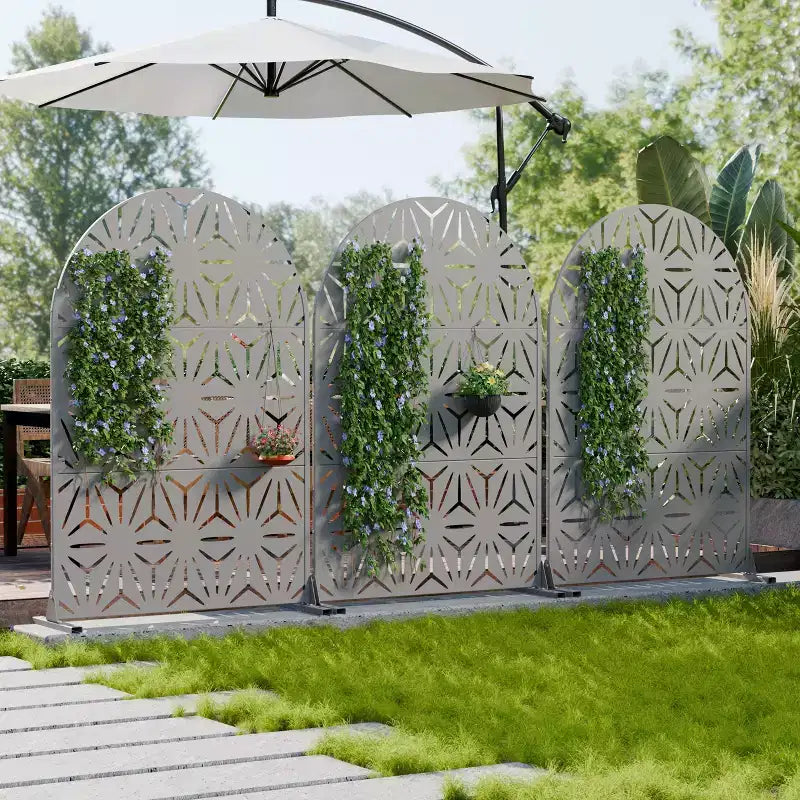 Dovelina 72H x 47W Arched Outdoor Metal Privacy Screen Freestanding Fence Panels in Light Gray/Brown for Garden Patio Deck Yard