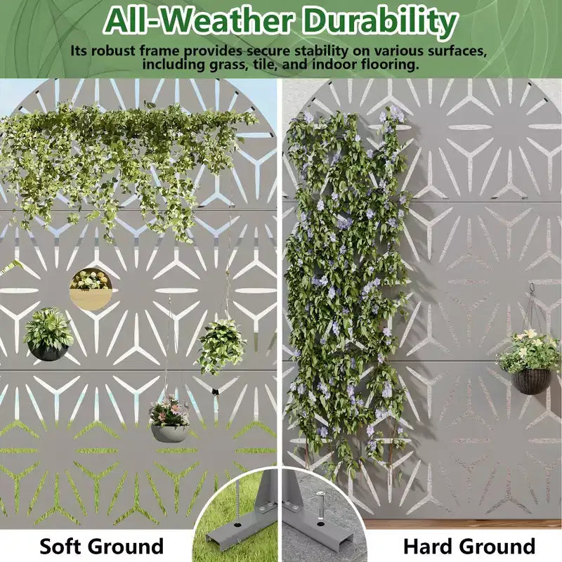 Dovelina 72H x 47W Arched Outdoor Metal Privacy Screen Freestanding Fence Panels in Light Gray/Brown for Garden Patio Deck Yard