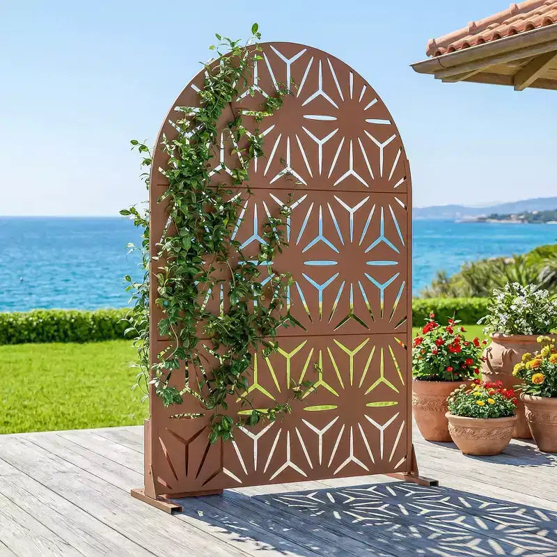 Dovelina 72H x 47W Arched Outdoor Metal Privacy Screen Freestanding Fence Panels in Light Gray/Brown for Garden Patio Deck Yard