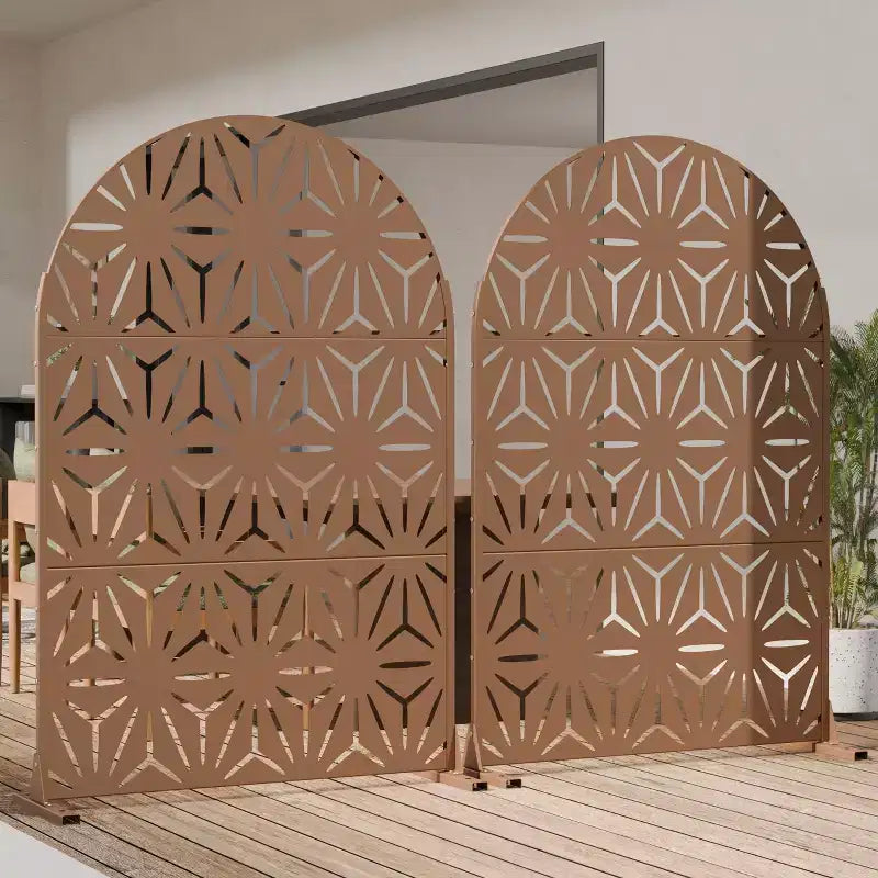 Dovelina 72H x 47W Arched Outdoor Metal Privacy Screen Freestanding Fence Panels in Light Gray/Brown for Garden Patio Deck Yard