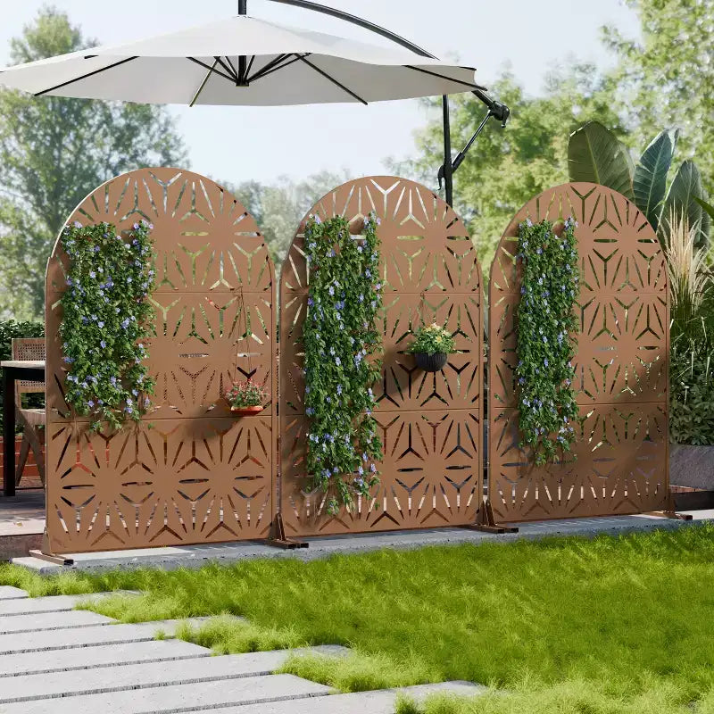 Dovelina 72H x 47W Arched Outdoor Metal Privacy Screen Freestanding Fence Panels in Light Gray/Brown for Garden Patio Deck Yard
