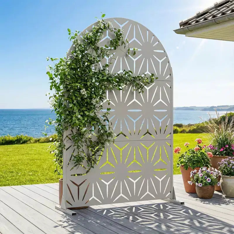 Dovelina 72H x 47W Arched Outdoor Metal Privacy Screen Freestanding Fence Panels in Light Gray/Brown for Garden Patio Deck Yard