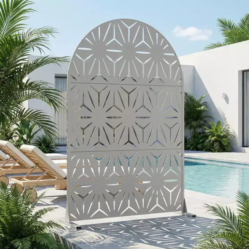 Dovelina 72H x 47W Arched Outdoor Metal Privacy Screen Freestanding Fence Panels in Light Gray/Brown for Garden Patio Deck Yard