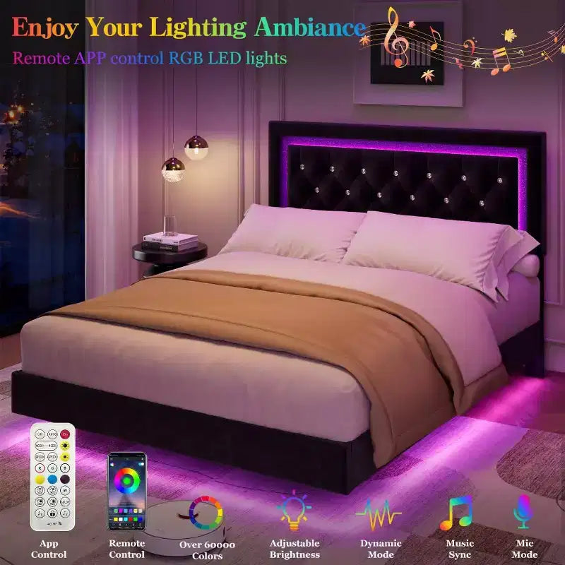 Cadre de lit flottant avec lumières LED intelligentes, tête de lit capitonnée en losange