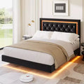 Cadre de lit flottant avec lumières LED intelligentes, tête de lit capitonnée en losange