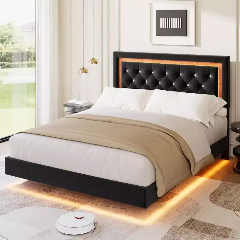 Cadre de lit flottant avec lumières LED intelligentes, tête de lit capitonnée en losange