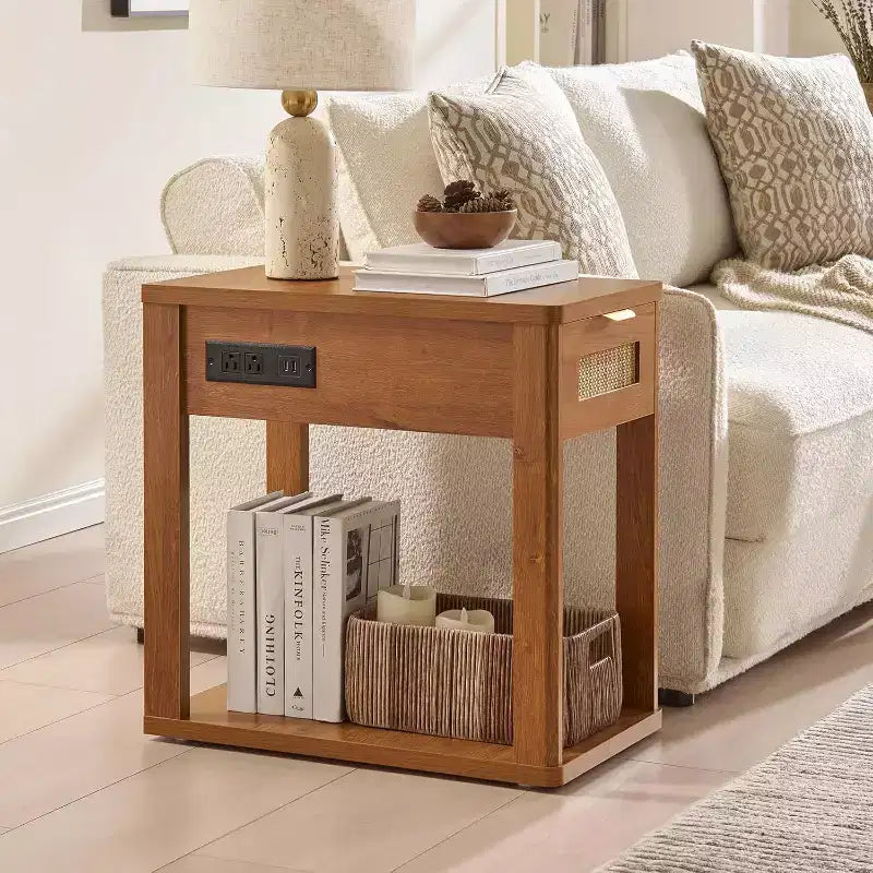 Table de chevet en rotin avec station de recharge et tiroir de rangement pour chambre