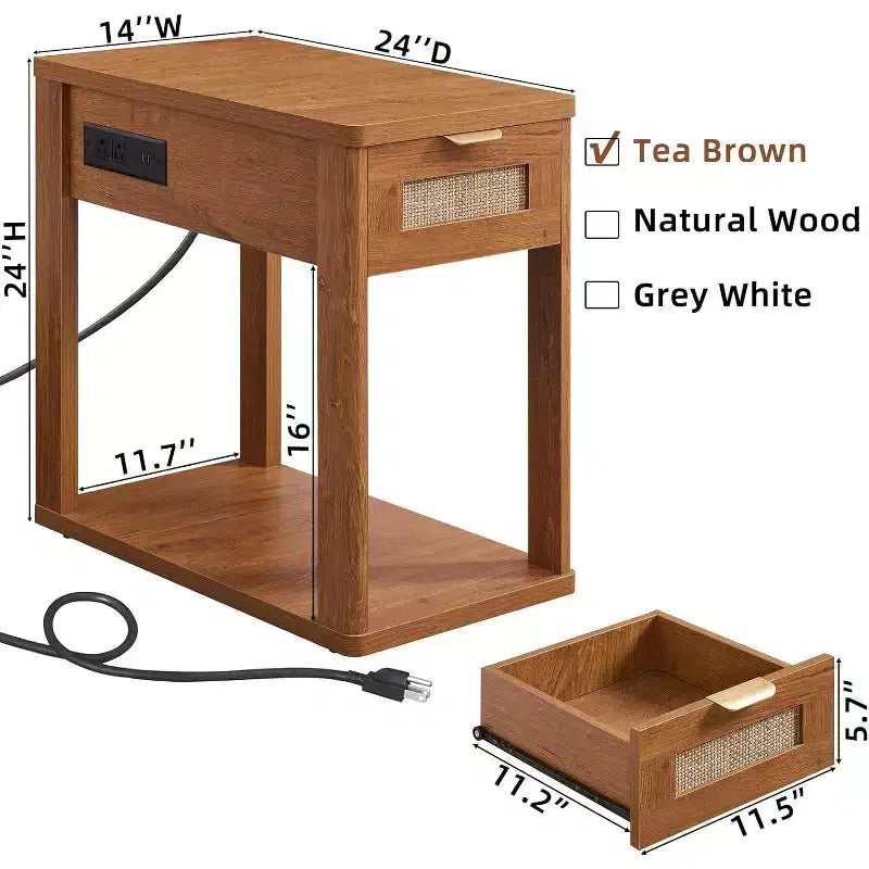 Table de chevet en rotin avec station de recharge et tiroir de rangement pour chambre