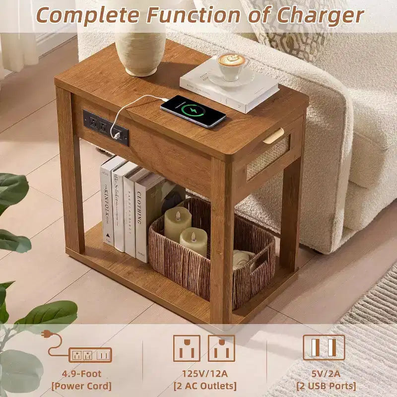 Table de chevet en rotin avec station de recharge et tiroir de rangement pour chambre
