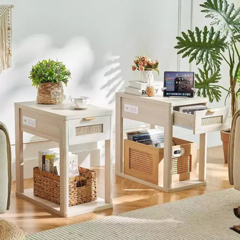 BALHAM TRADE-with Charging Station Rattan Night Stand Set 2 with Drawer Storage for Bedroom