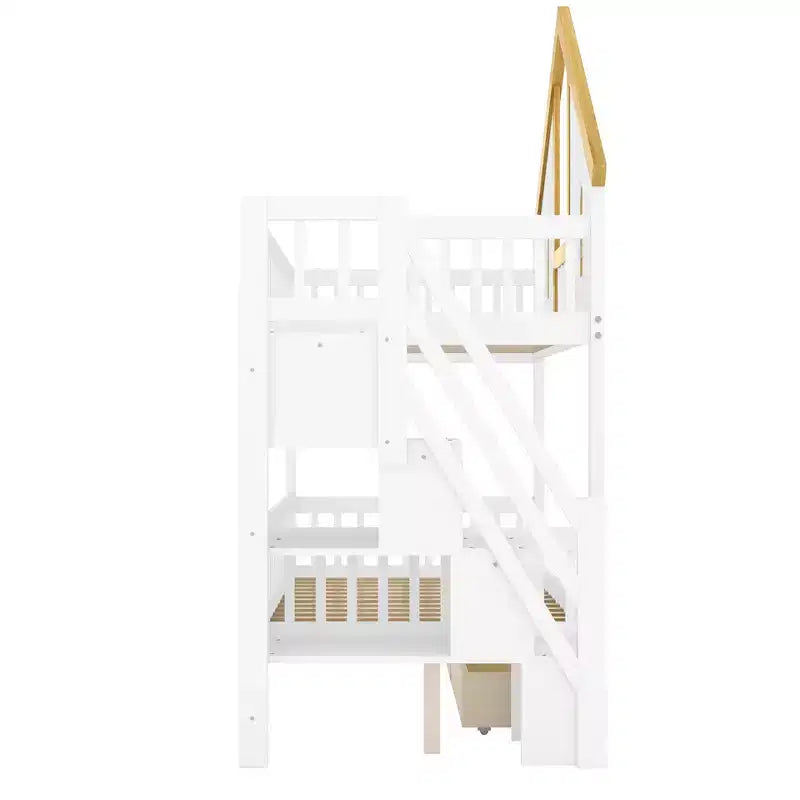 Lit superposé simple/double avec toit, fenêtres, tiroirs et escalier