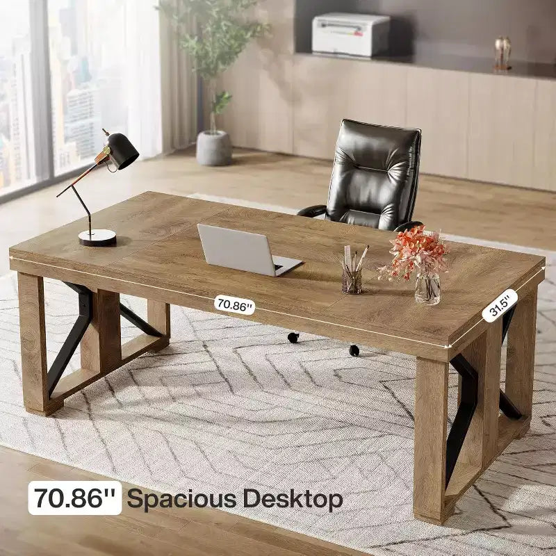 Bureau de direction de 180 cm, grande table d'ordinateur en bois avec base à double piédestal robuste, poste de travail moderne pour bureau à domicile, marron