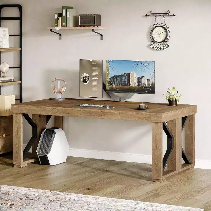 Bureau de direction de 180 cm, grande table d'ordinateur en bois avec base à double piédestal robuste, poste de travail moderne pour bureau à domicile, marron
