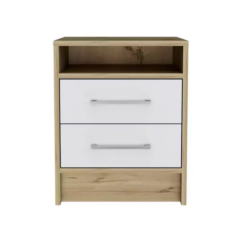 With a clean modern design, this Eter Nightstand , End Table, Side Table Superior Top, Two Drawers -White / Light Oak provides practical storage.