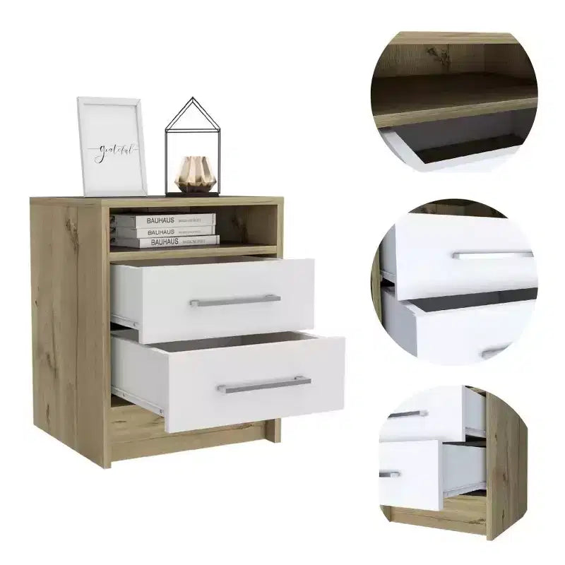 With a clean modern design, this Eter Nightstand , End Table, Side Table Superior Top, Two Drawers -White / Light Oak provides practical storage.