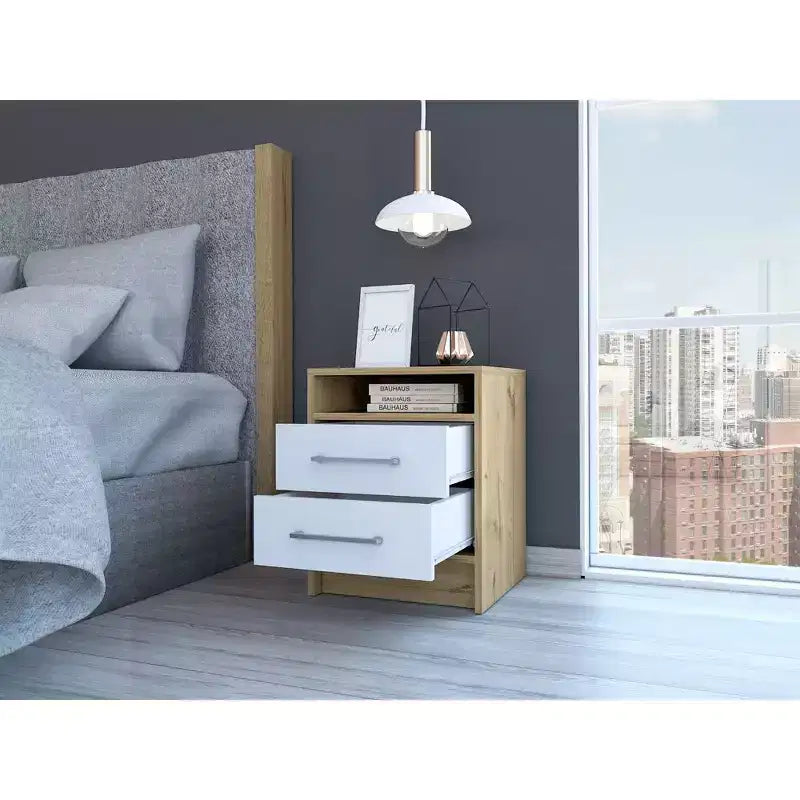 With a clean modern design, this Eter Nightstand , End Table, Side Table Superior Top, Two Drawers -White / Light Oak provides practical storage.
