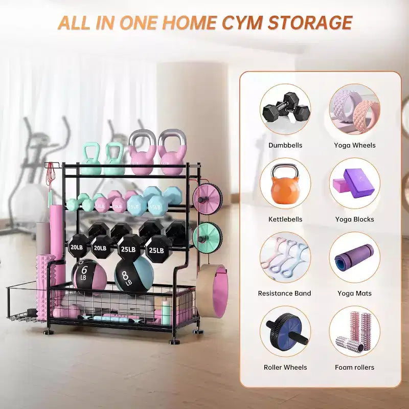 4-Tier Dumbbell Rack Stand,Powder Coated Weight Rack with Hooks for Home Gym,Storage Rack for Yoga Mat Kettlebells and Strength Training Equipment