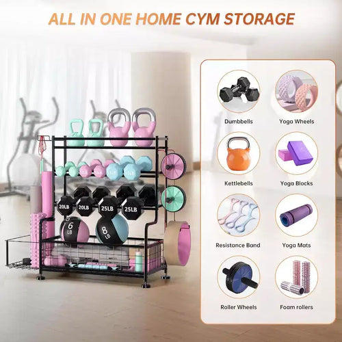 4-Tier Dumbbell Rack Stand,Powder Coated Weight Rack with Hooks for Home Gym,Storage Rack for Yoga Mat Kettlebells and Strength Training Equipment