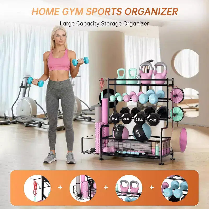 4-Tier Dumbbell Rack Stand,Powder Coated Weight Rack with Hooks for Home Gym,Storage Rack for Yoga Mat Kettlebells and Strength Training Equipment