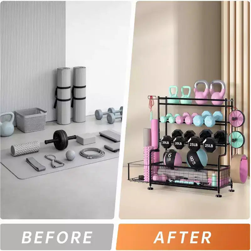 4-Tier Dumbbell Rack Stand,Powder Coated Weight Rack with Hooks for Home Gym,Storage Rack for Yoga Mat Kettlebells and Strength Training Equipment