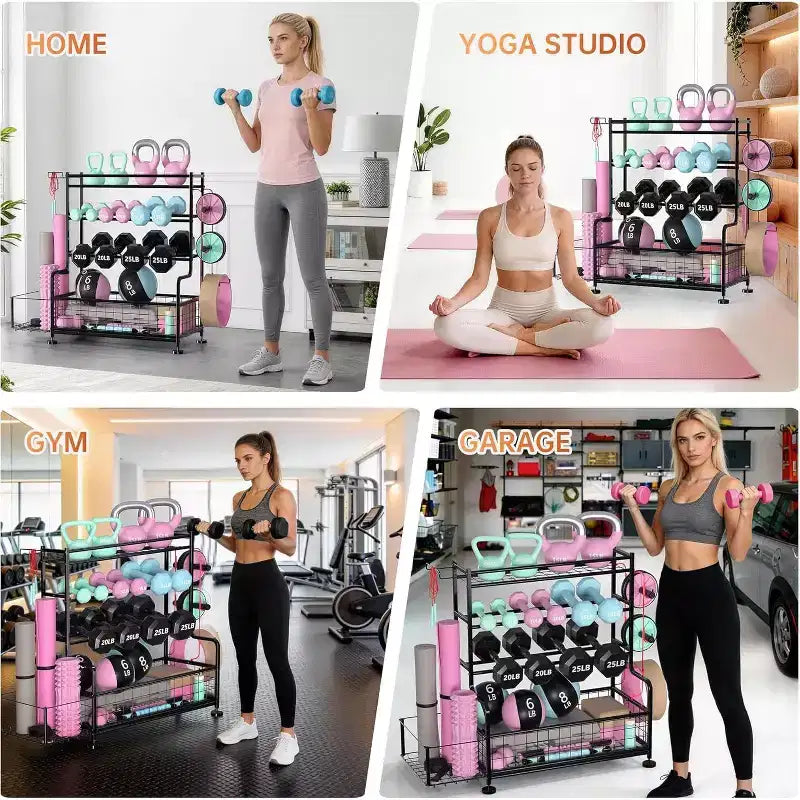 4-Tier Dumbbell Rack Stand,Powder Coated Weight Rack with Hooks for Home Gym,Storage Rack for Yoga Mat Kettlebells and Strength Training Equipment