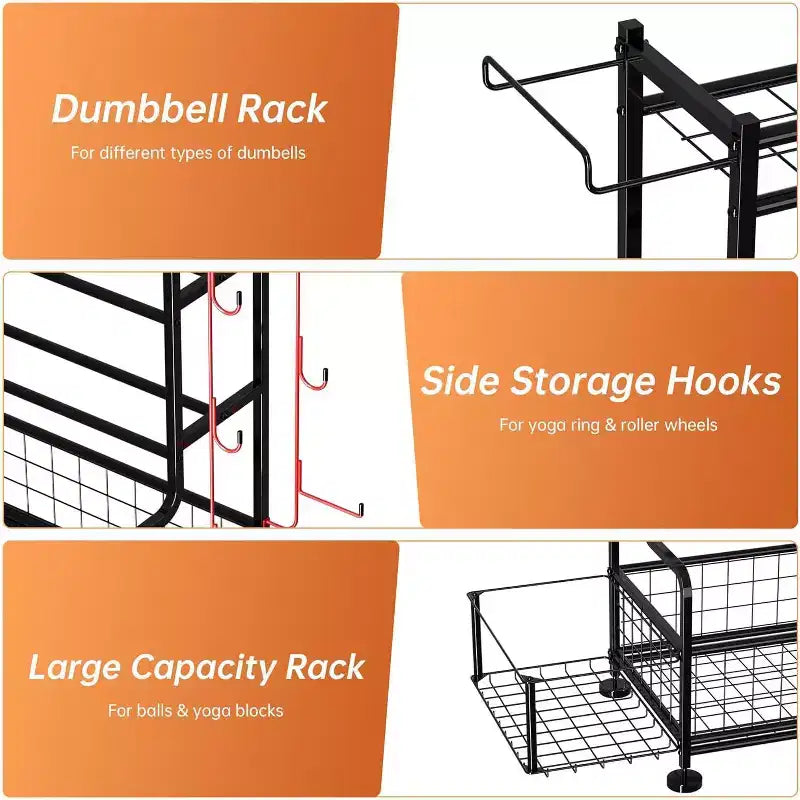 4-Tier Dumbbell Rack Stand,Powder Coated Weight Rack with Hooks for Home Gym,Storage Rack for Yoga Mat Kettlebells and Strength Training Equipment