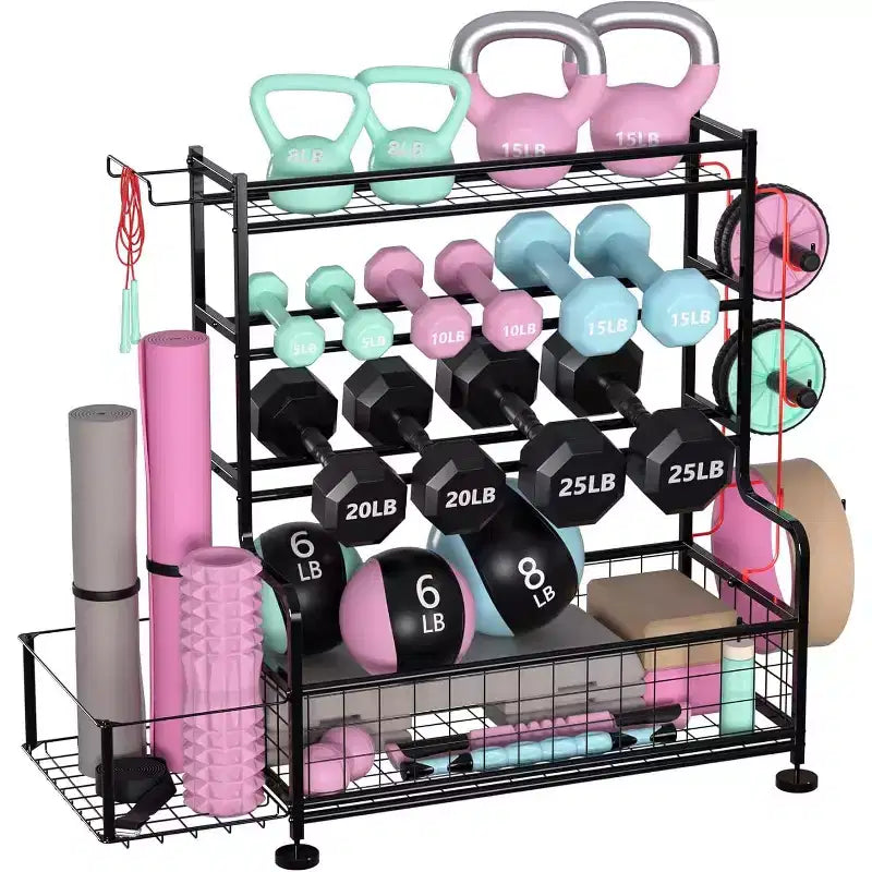 4-Tier Dumbbell Rack Stand,Powder Coated Weight Rack with Hooks for Home Gym,Storage Rack for Yoga Mat Kettlebells and Strength Training Equipment