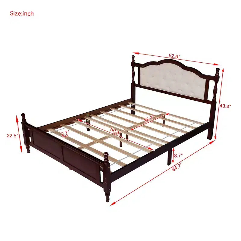 Sailvan Queen Pine Wood Platform Bed with Upholstered Headboard and Panel Footboard