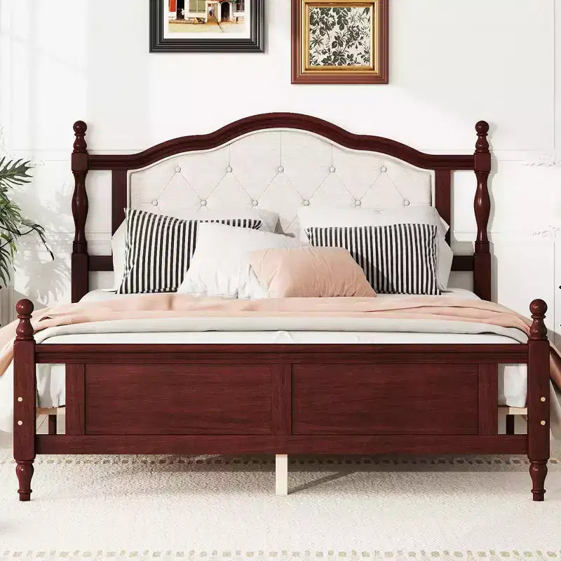 Sailvan Queen Pine Wood Platform Bed with Upholstered Headboard and Panel Footboard