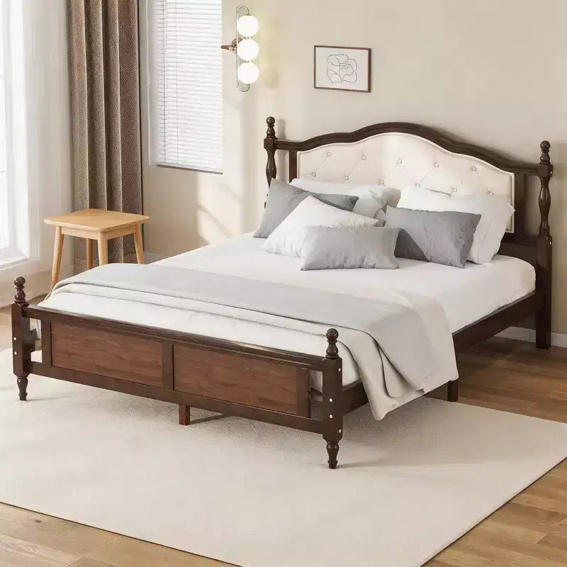 Sailvan Queen Pine Wood Platform Bed with Upholstered Headboard and Panel Footboard