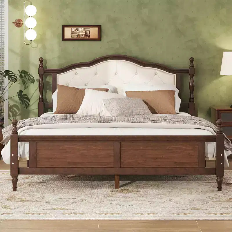 Sailvan Queen Pine Wood Platform Bed with Upholstered Headboard and Panel Footboard