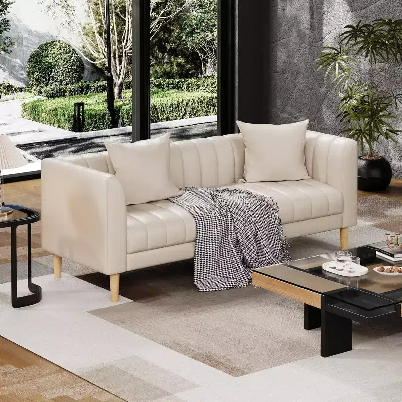 Modern Faux Leather Sofa 83, 3 Seater Deep Seat Couch with Wood Legs, Ergonomic Cushions & 2 Throw Pillows for Living Room, Bedroom or Apartment