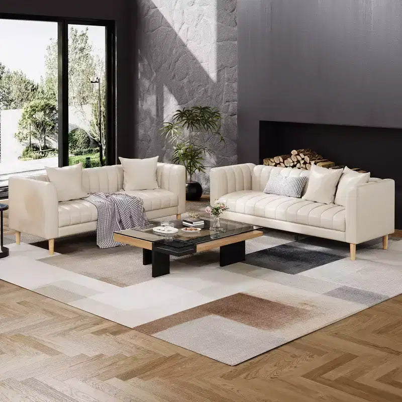 Modern Faux Leather Sofa 83, 3 Seater Deep Seat Couch with Wood Legs, Ergonomic Cushions & 2 Throw Pillows for Living Room, Bedroom or Apartment