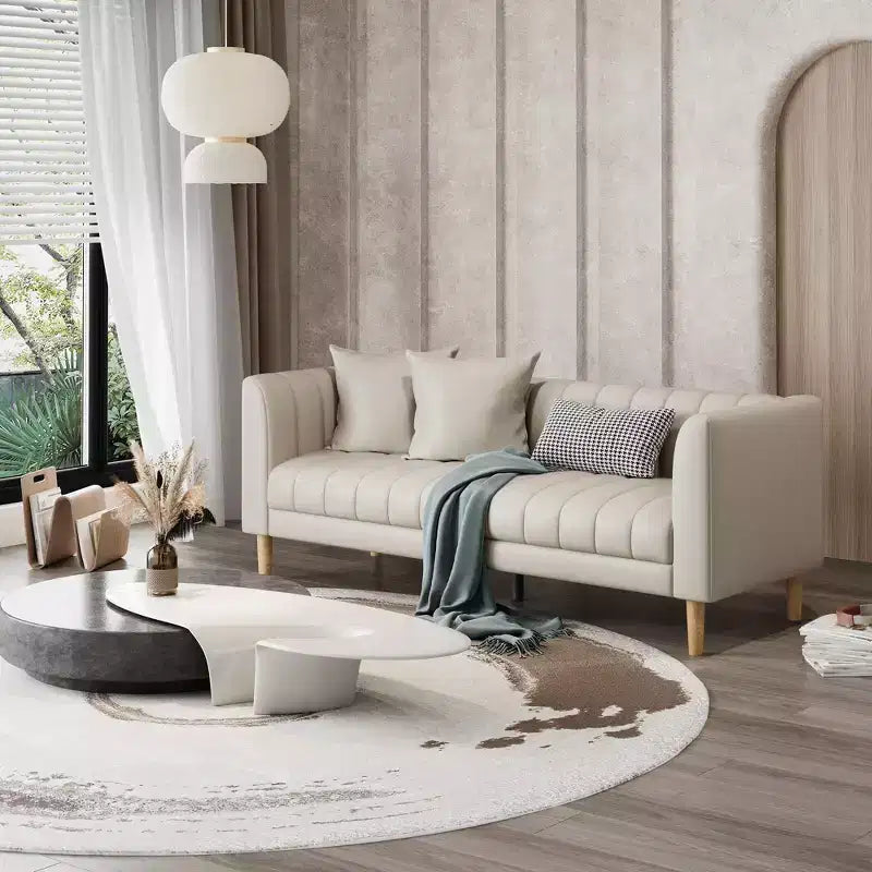 Modern Faux Leather Sofa 83, 3 Seater Deep Seat Couch with Wood Legs, Ergonomic Cushions & 2 Throw Pillows for Living Room, Bedroom or Apartment